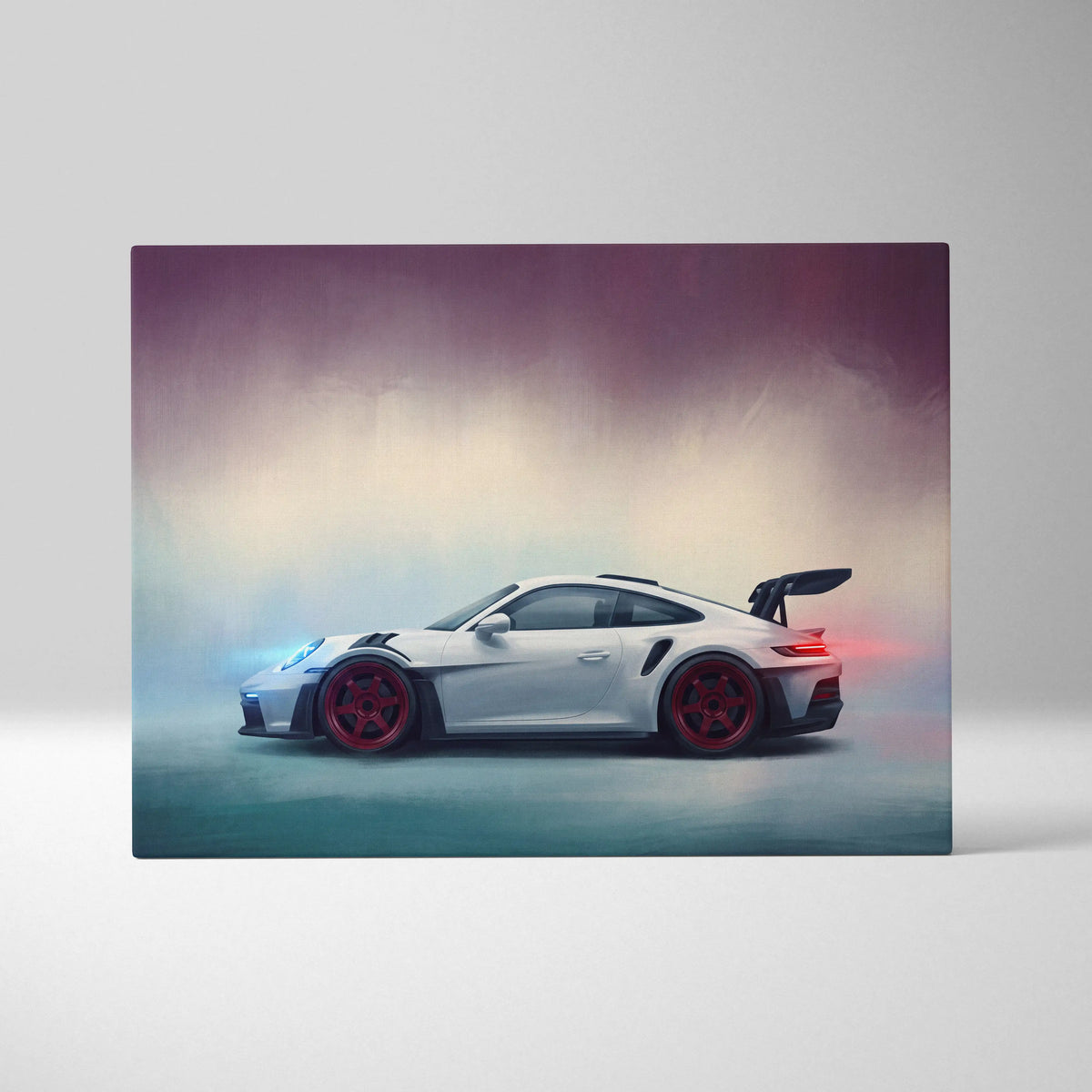 White porsche 911 gt3 with red rims and black rear spoiler on canvas art premium automotive wall decor