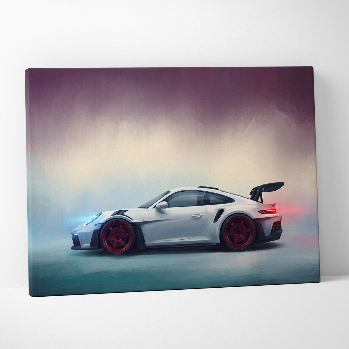White Porsche 911 GT3 with red wheels and black rear spoiler on canvas for premium automotive wall decor