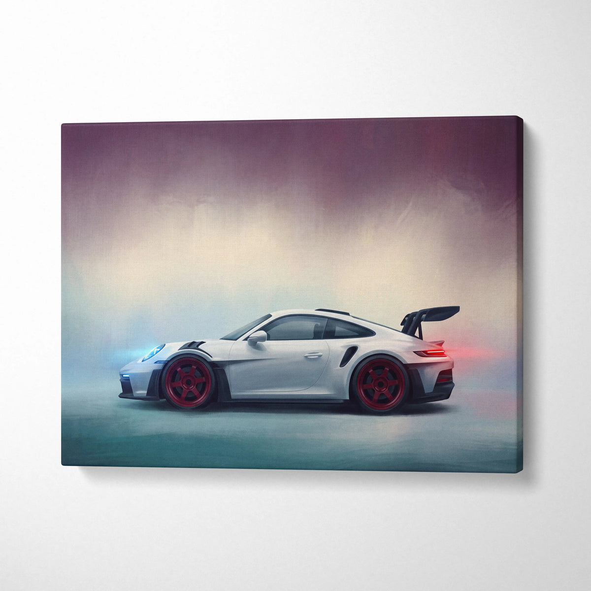 White porsche 911 gt3 with red rims and black rear spoiler on canvas premium automotive wall decor