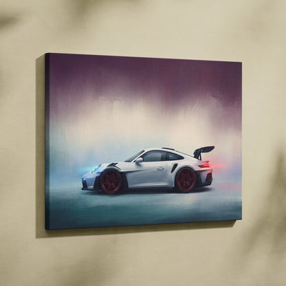 Porsche 911 gt3 rs inspired canvas art featuring white car with red wheels and black spoiler premium automotive decor