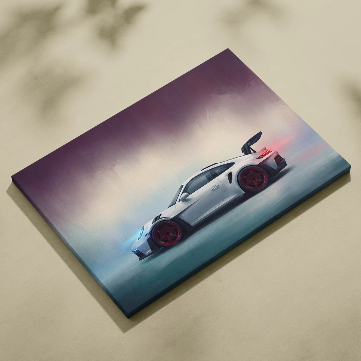 White Porsche 911 GT3 RS inspired canvas art with red wheels and glowing blue and red lights on smoky background