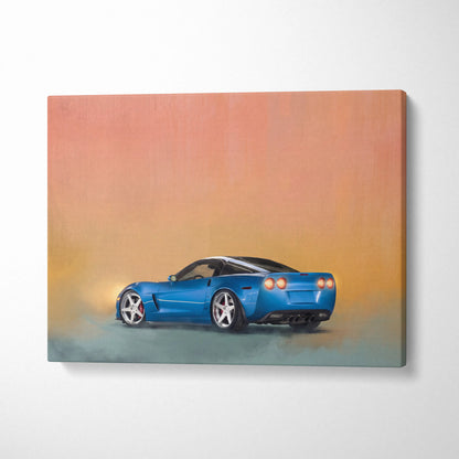 Blue Chevrolet Corvette sports car stylized painting on canvas American sports car wall art for office decor