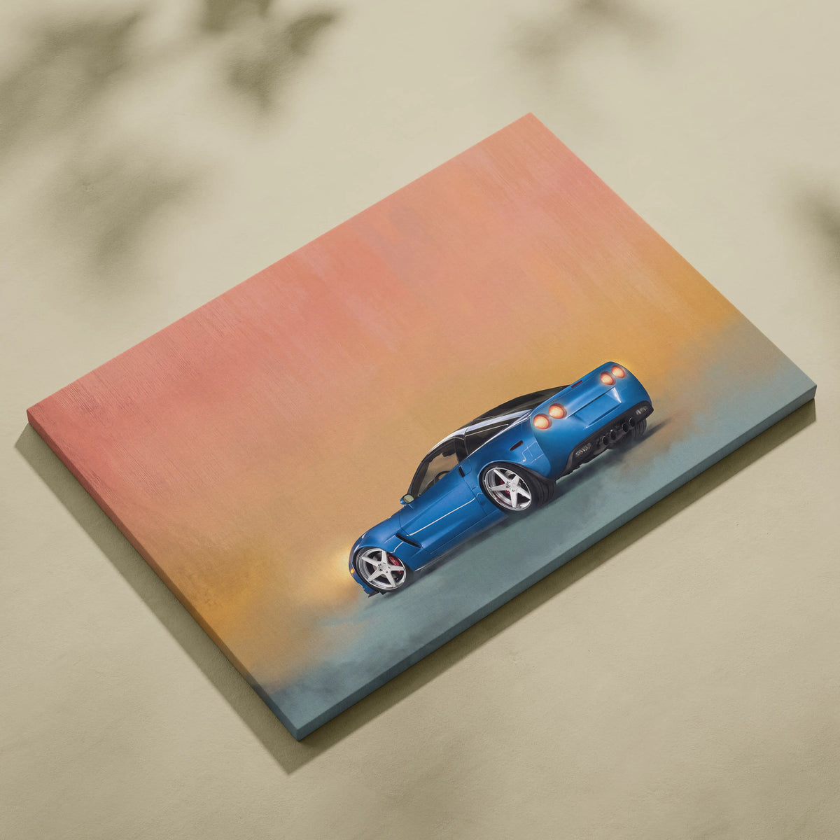 Blue Chevrolet Corvette inspired sports car illustration on canvas with gradient sunset background for office decor