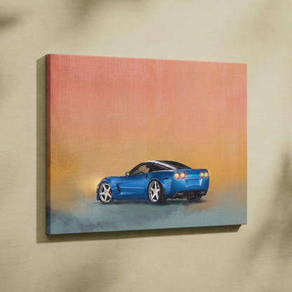 Blue Chevrolet Corvette sports car painting on canvas American sports car wall art for office decor