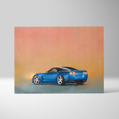 Vibrant blue Chevrolet Corvette inspired sports car wall art on an abstract gradient canvas for office decor