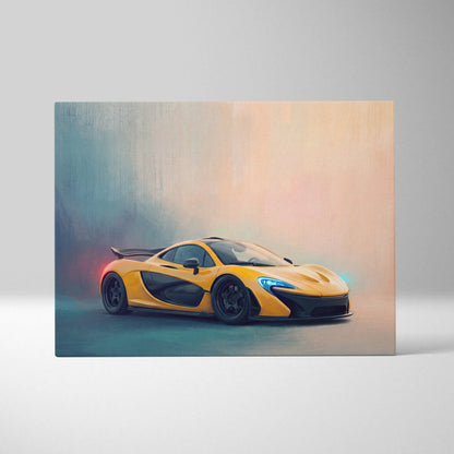 Vibrant yellow McLaren P1 inspired automotive wall art featuring glowing blue and red accents on luxury canvas print