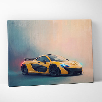 McLaren P1 inspired automotive wall art featuring a vibrant yellow sports car canvas print with black accents and blue headlights