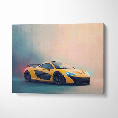 Vibrant yellow and black mclaren p1 sports car canvas print with glowing blue headlights for luxury wall art