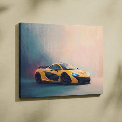 Vibrant yellow and black McLaren P1 inspired luxury supercar canvas print with glowing blue headlights wall art