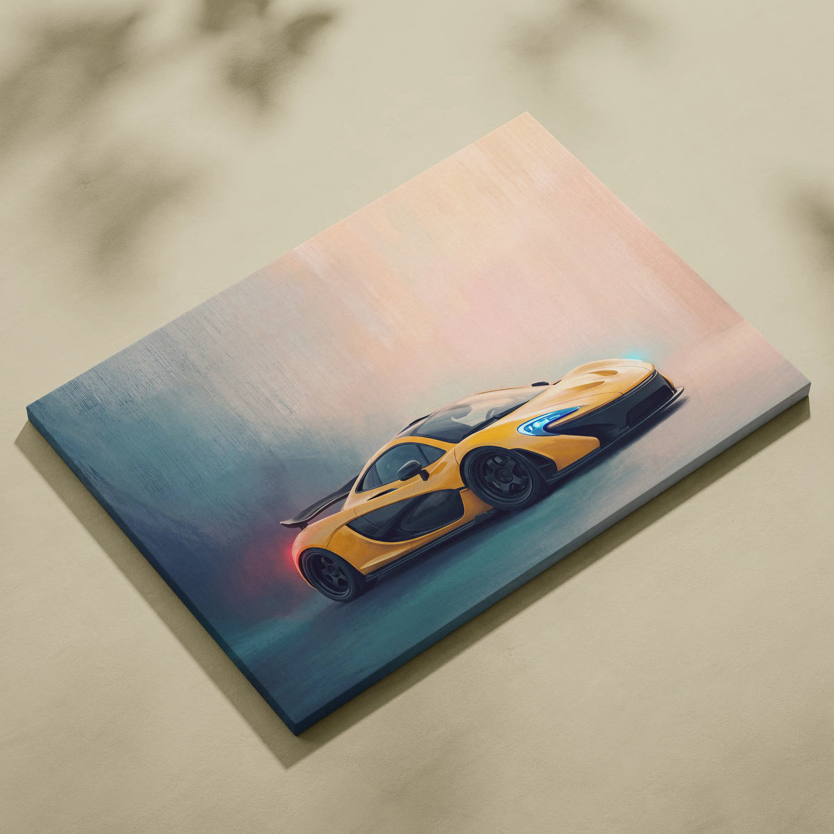 Vibrant yellow McLaren P1 sports car illustration on stretched canvas in luxury supercar wall art print