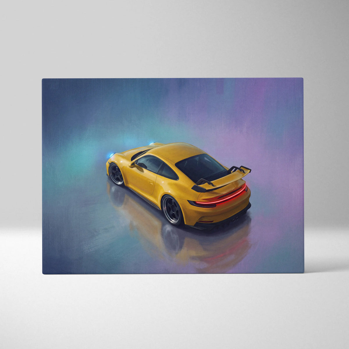 Vibrant yellow Porsche 911 GT3 sports car canvas painting print with glowing blue and purple ambient lighting