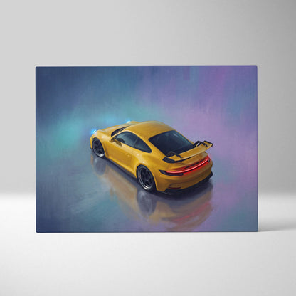 Vibrant yellow Porsche 911 GT3 sports car canvas painting print with glowing blue and purple ambient lighting