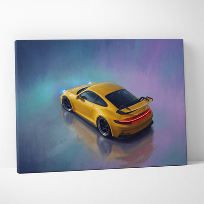 Porsche 911 gt3 inspired yellow sports car wall art with neon accents on a stylized painterly canvas print