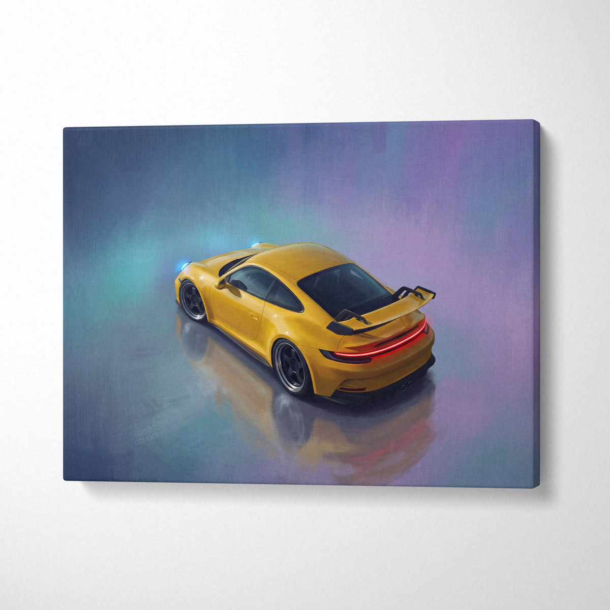 Porsche 911 GT3 inspired canvas painting print featuring a vibrant yellow sports car with neon accents and reflective surfaces