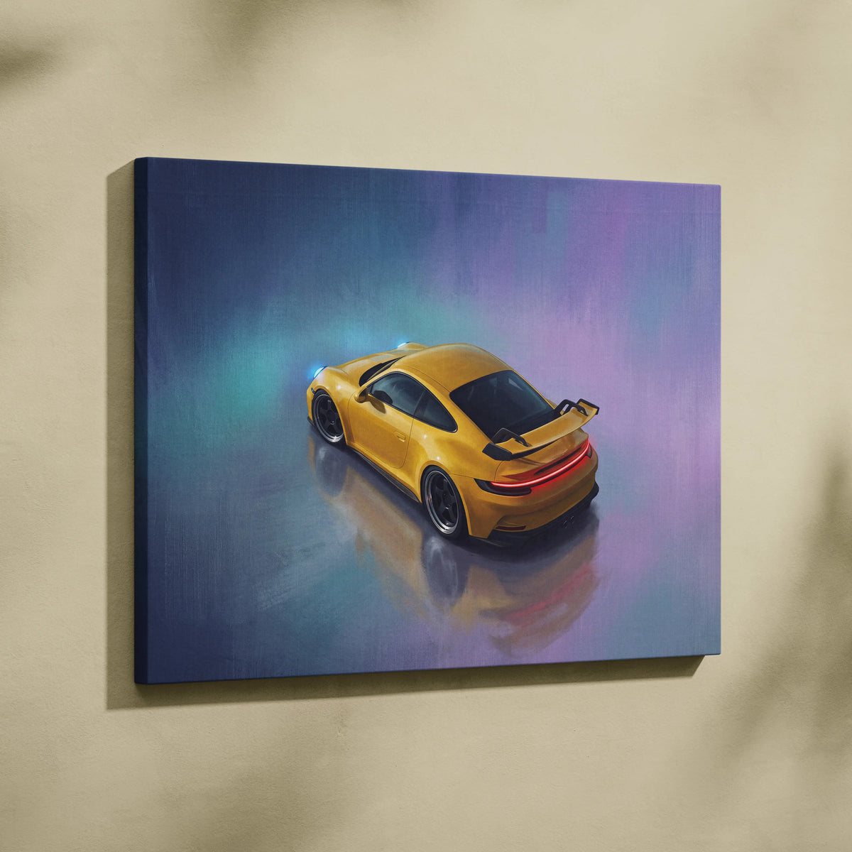 Yellow porsche 911 gt3 inspired sports car wall art canvas print with blue and purple glowing atmospheric effects