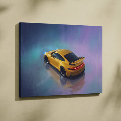 Yellow porsche 911 gt3 inspired sports car wall art canvas print with blue and purple glowing atmospheric effects