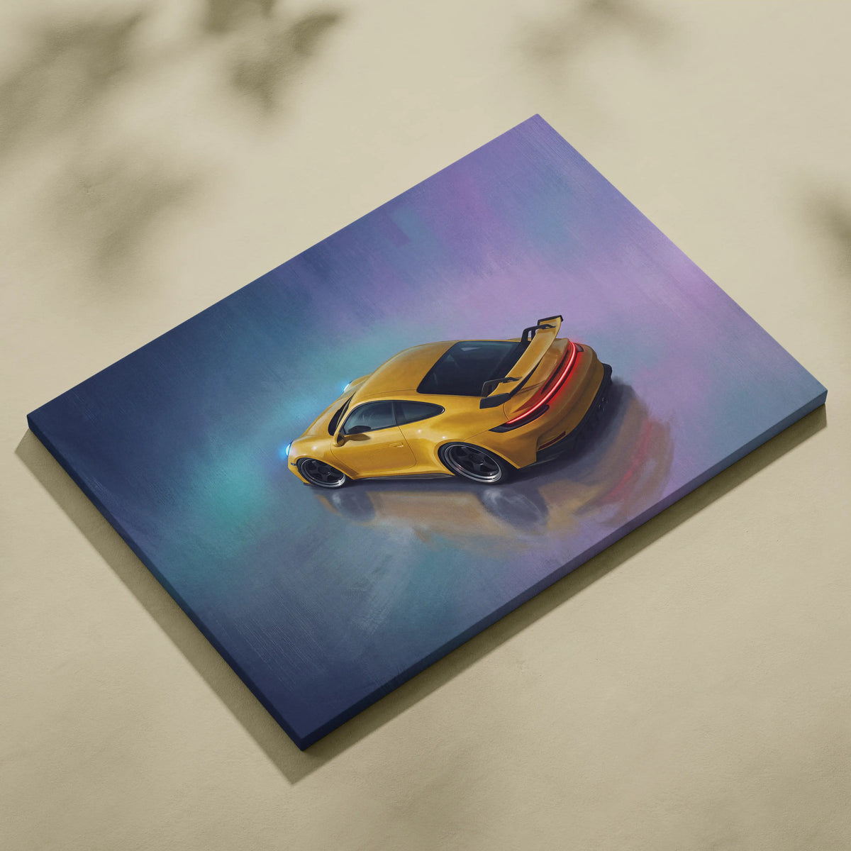 Vibrant yellow Porsche 911 GT3 inspired sports car wall art on stretched canvas track edition painting print