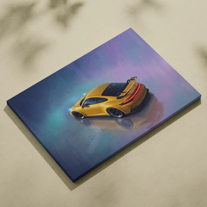 Vibrant yellow Porsche 911 GT3 inspired sports car wall art on stretched canvas track edition painting print