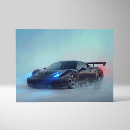 Black Ferrari 458 Italia sports car canvas art with glowing blue headlights and red taillights on smoky teal background