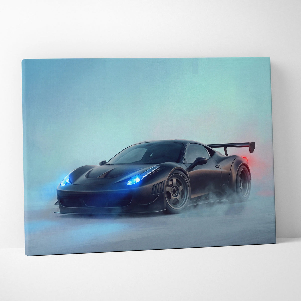 Black matte Ferrari 458 Italia canvas art with glowing blue headlights and red taillights on misty teal background