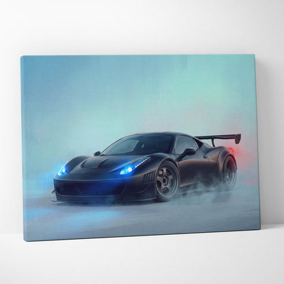 Black matte Ferrari 458 Italia canvas art with glowing blue headlights and red taillights on misty teal background