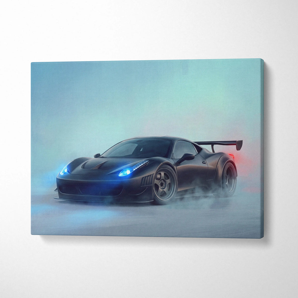 Black matte Ferrari 458 Italia canvas art with glowing blue headlights and red taillights in misty backdrop