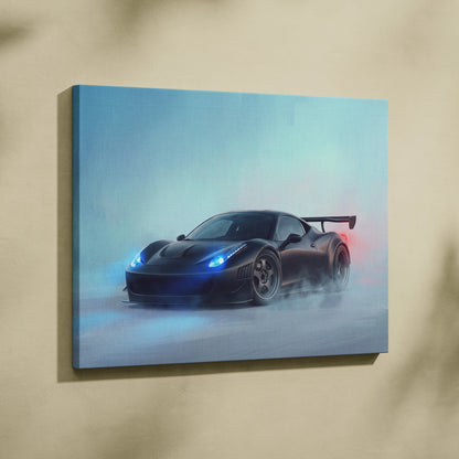 Black matte Ferrari 458 Italia inspired canvas art with glowing blue headlights and red taillights in a dynamic drift pose