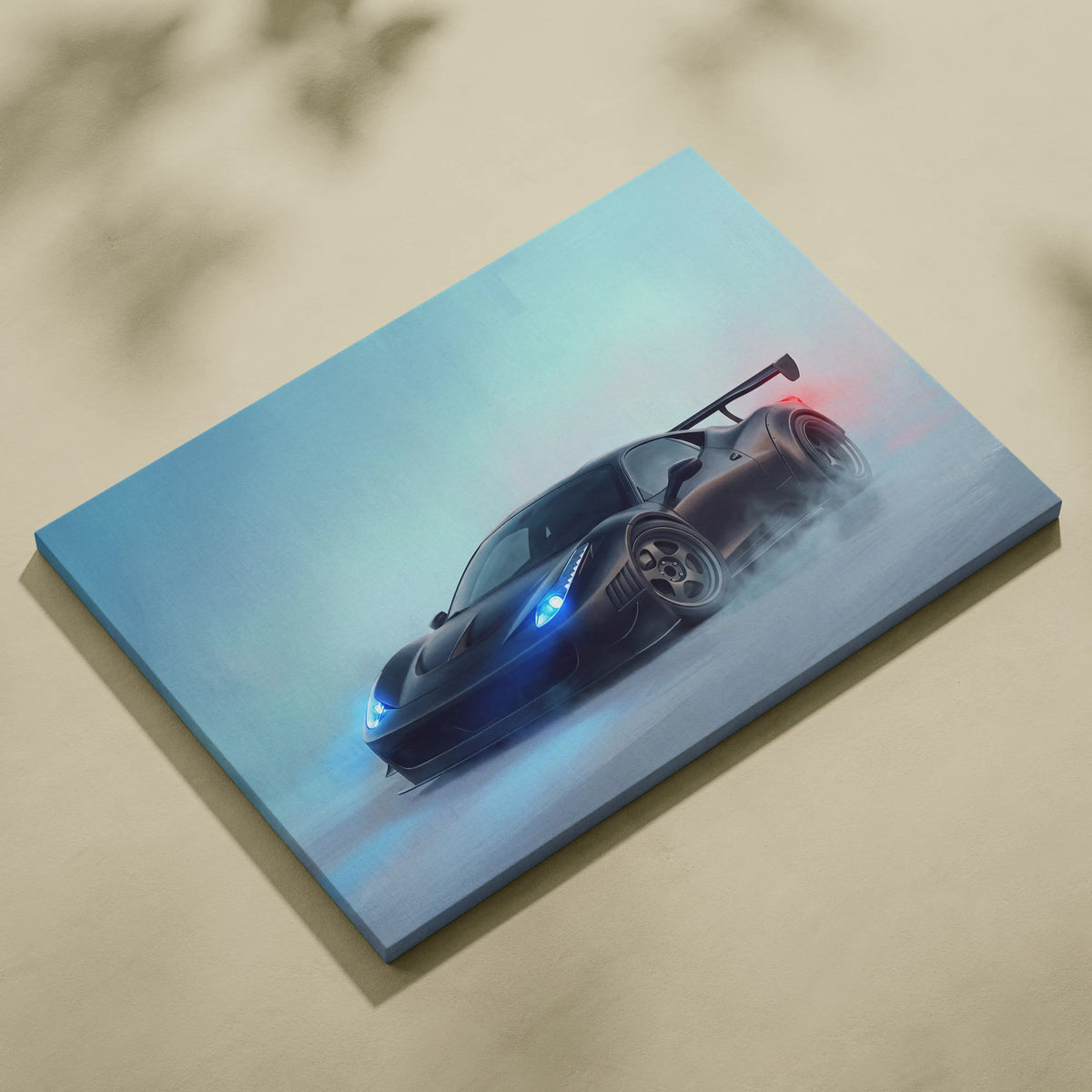 Ferrari 458 italia inspired canvas art featuring a sleek black racing car with glowing blue headlights and red taillight