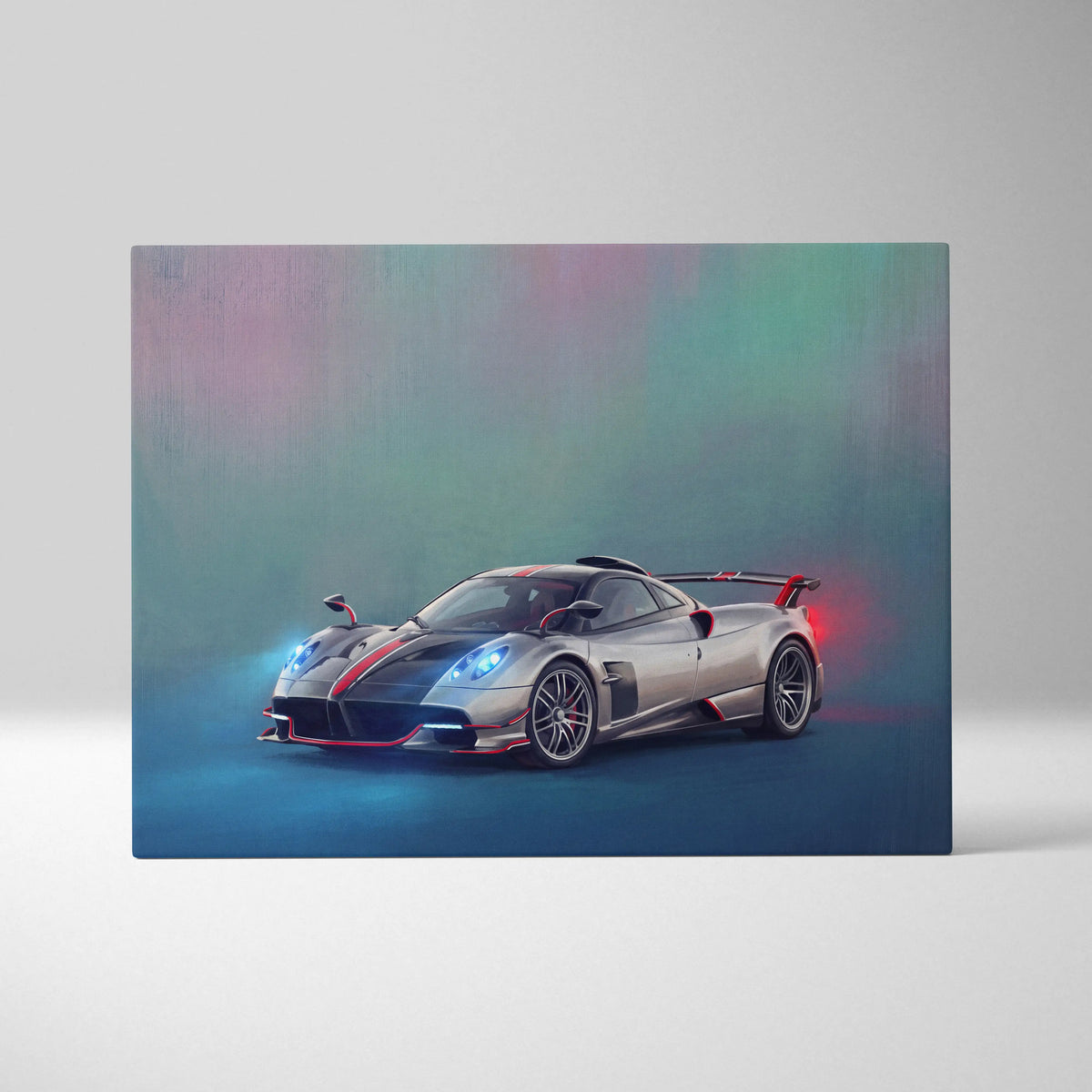 Silver and black pagani huayra bc sports car with red accents in stylized digital artwork on canvas wall art print
