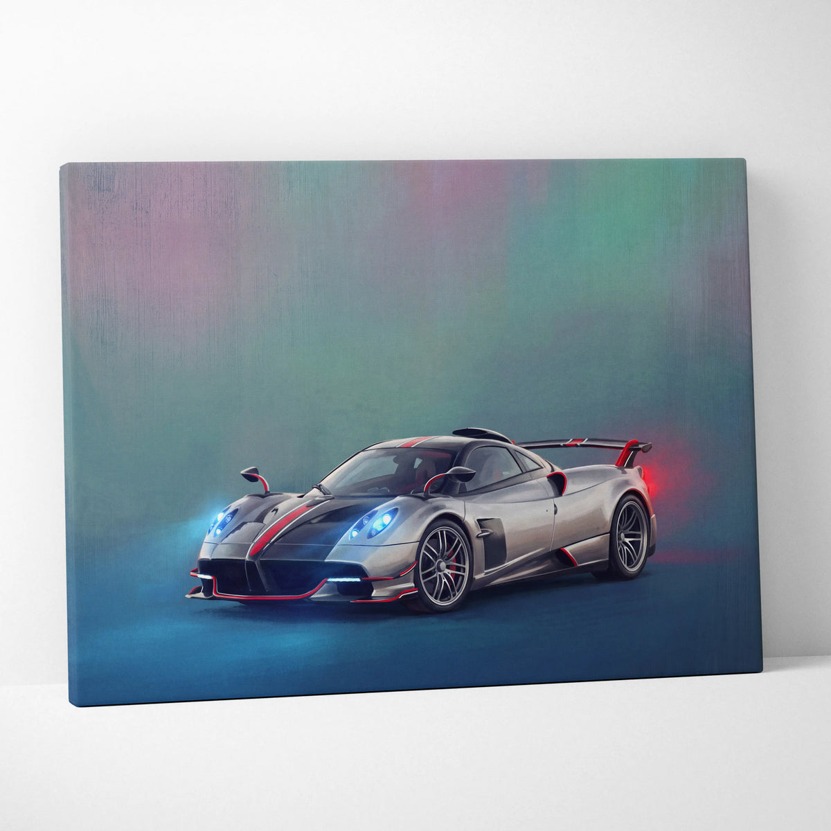 Silver and red Pagani Huayra BC sports car canvas print custom supercar wall art for car enthusiasts