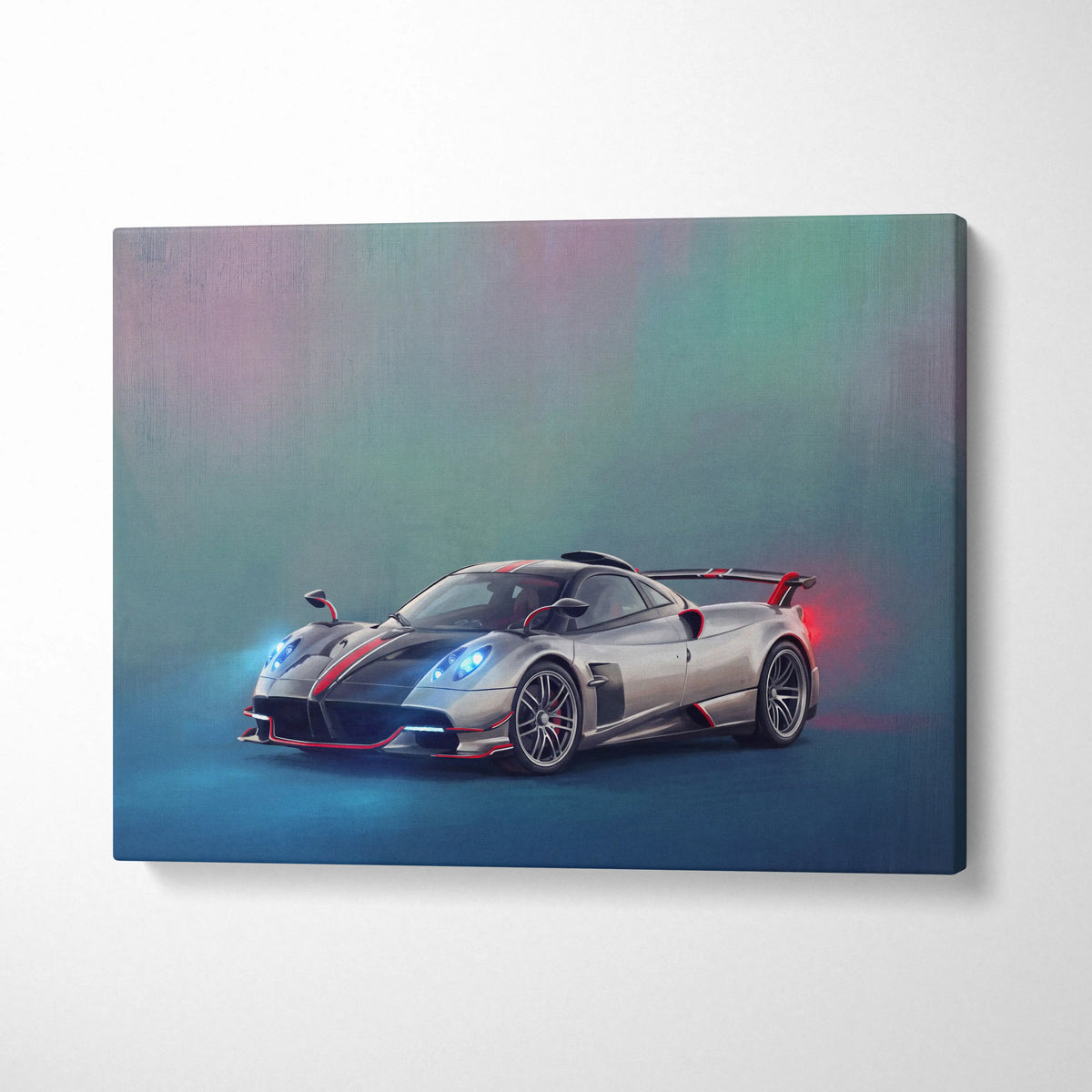 Silver and black pagani huayra bc sports car with red accents on canvas pagani huayra bc inspired supercar wall art print