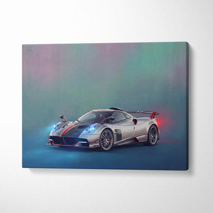 Silver and black pagani huayra bc sports car with red accents on canvas pagani huayra bc inspired supercar wall art print