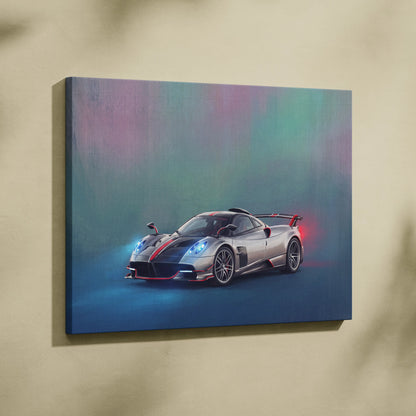 Silver and black Pagani Huayra BC sports car canvas art with red accents custom car wall art print for decoration