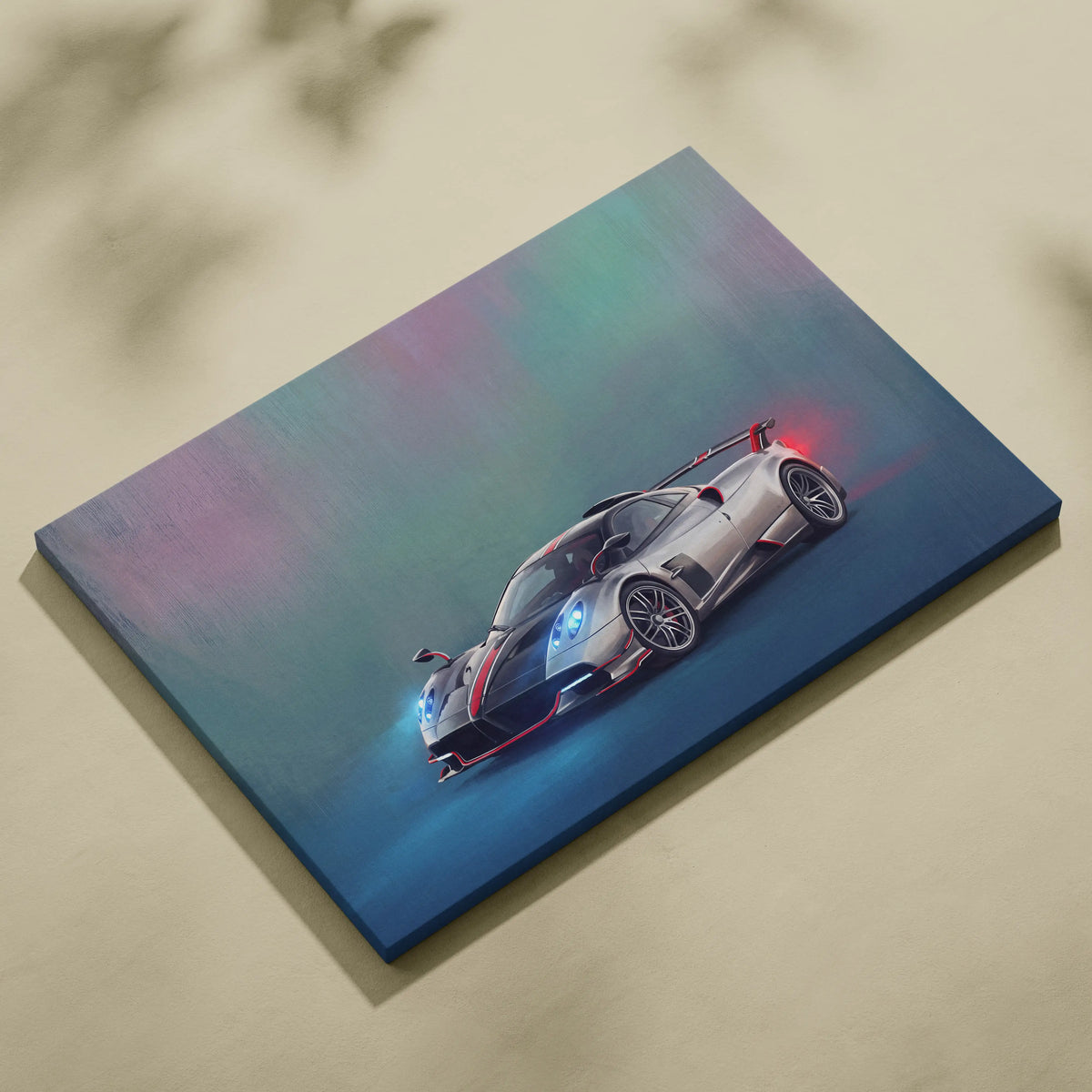 Silver and black pagani huayra bc sports car canvas art print with red accents custom car wall decor