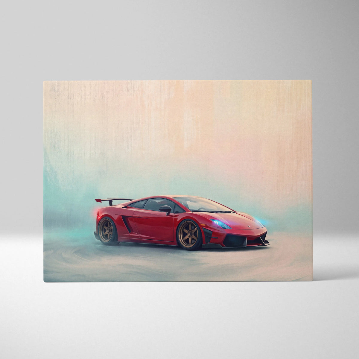 Vibrant red lamborghini gallardo sports car wall art canvas print with glowing blue headlights and misty stylized background