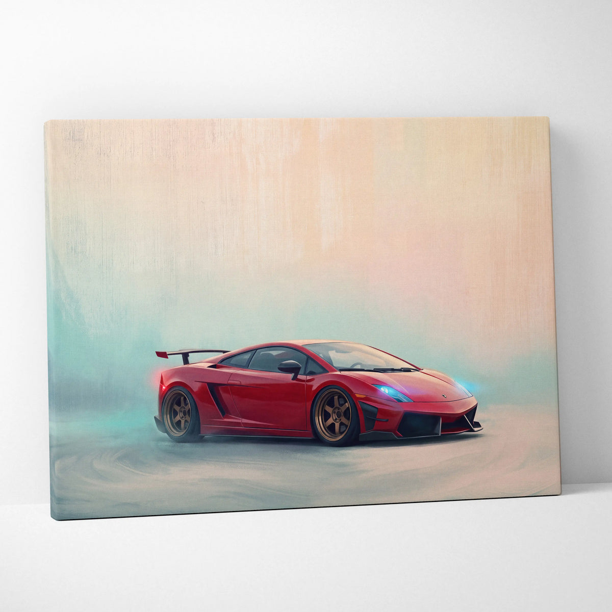 Red Lamborghini Gallardo inspired sports car canvas print with glowing blue headlights and rear spoiler track edition