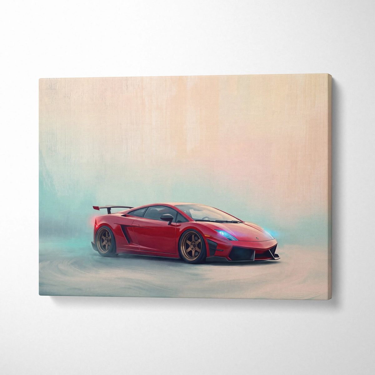 Lamborghini gallardo inspired car wall art featuring vibrant red sports car on misty canvas print track edition