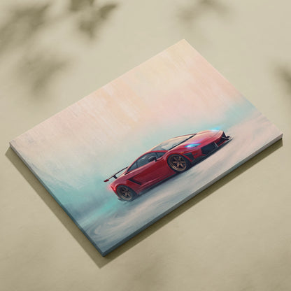 Red lamborghini gallardo inspired car wall art canvas print featuring sleek sports car with blue headlights and black stripes