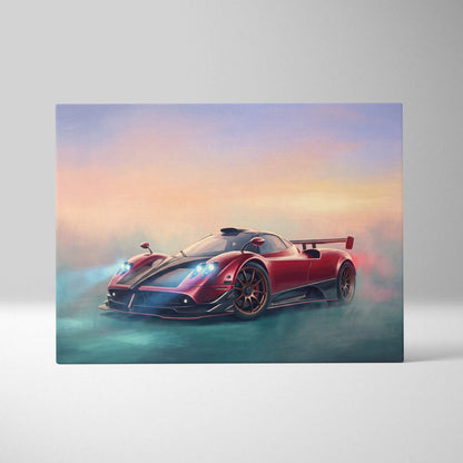 Pagani Zonda R inspired automotive wall art featuring a red and black sports car with glowing headlights on canvas
