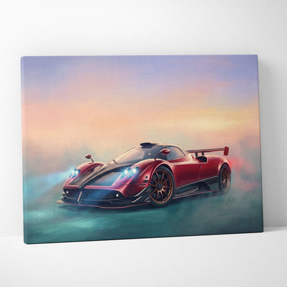 Pagani Zonda r inspired red and black sports car canvas print with glowing headlights against a sunset sky