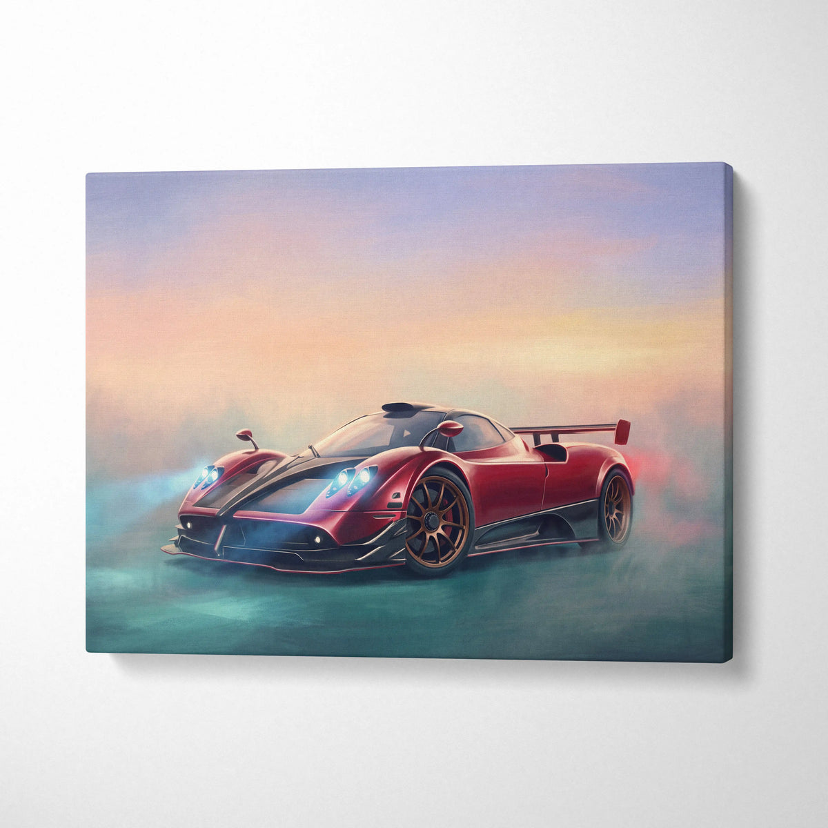 Red and black pagani zonda r inspired luxury supercar canvas print with glowing headlights against a sunset sky