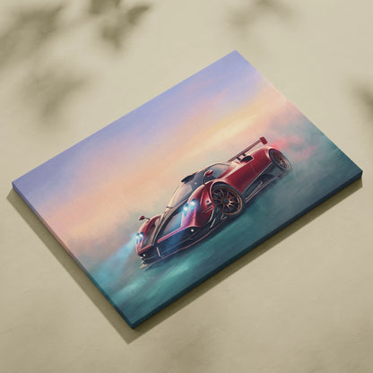 Red Pagani Zonda R inspired sports car canvas print with glowing headlights and dynamic sunset backdrop wall art