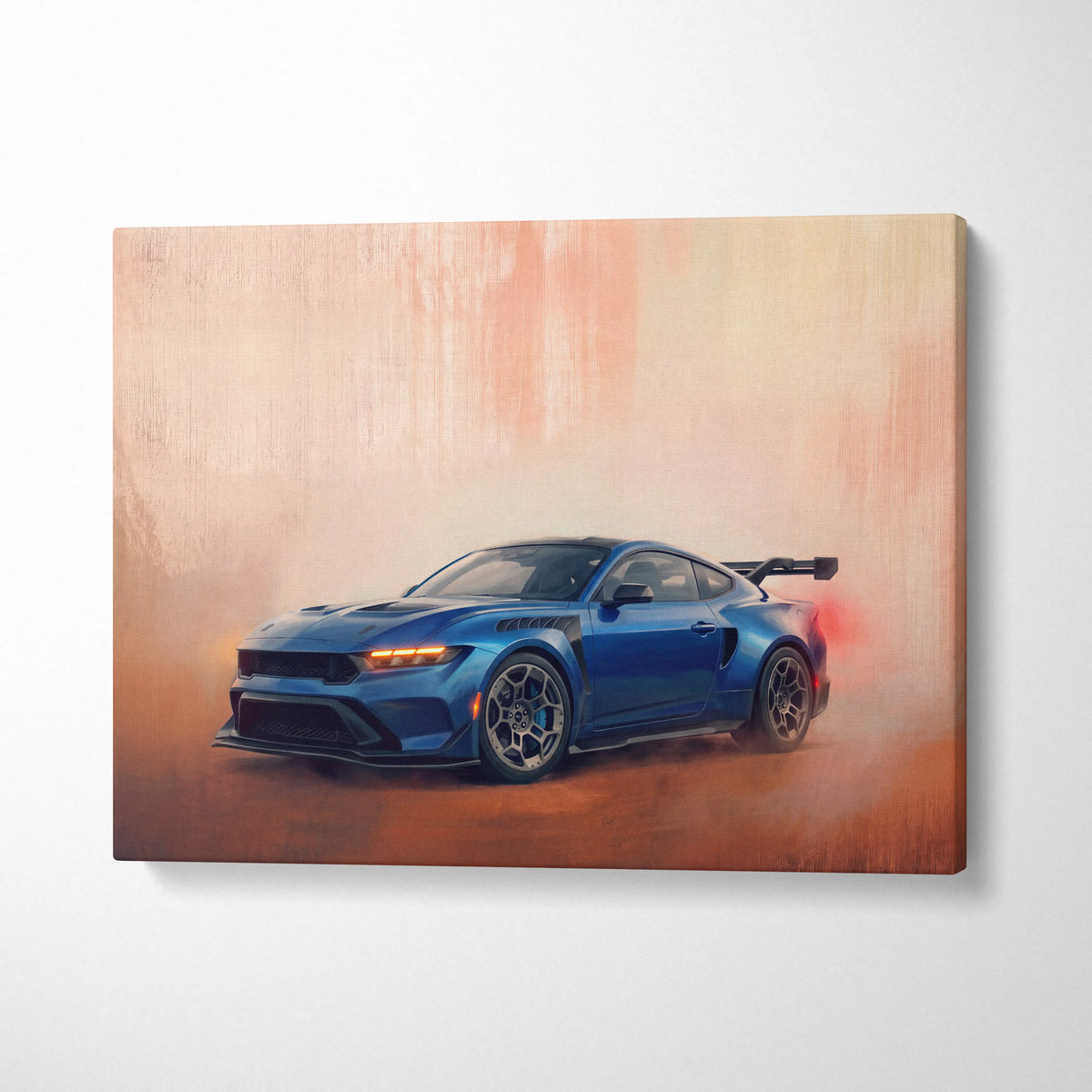 Blue ford mustang gtd inspired canvas print featuring sleek design black racing stripes and rear spoiler for living room wall art