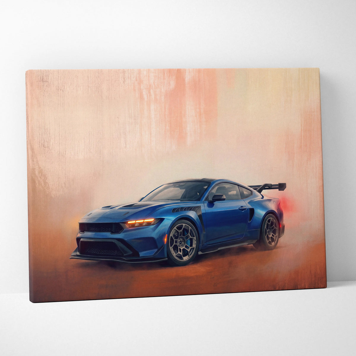 Blue Ford Mustang GT canvas print with black racing stripes and rear spoiler for living room wall art