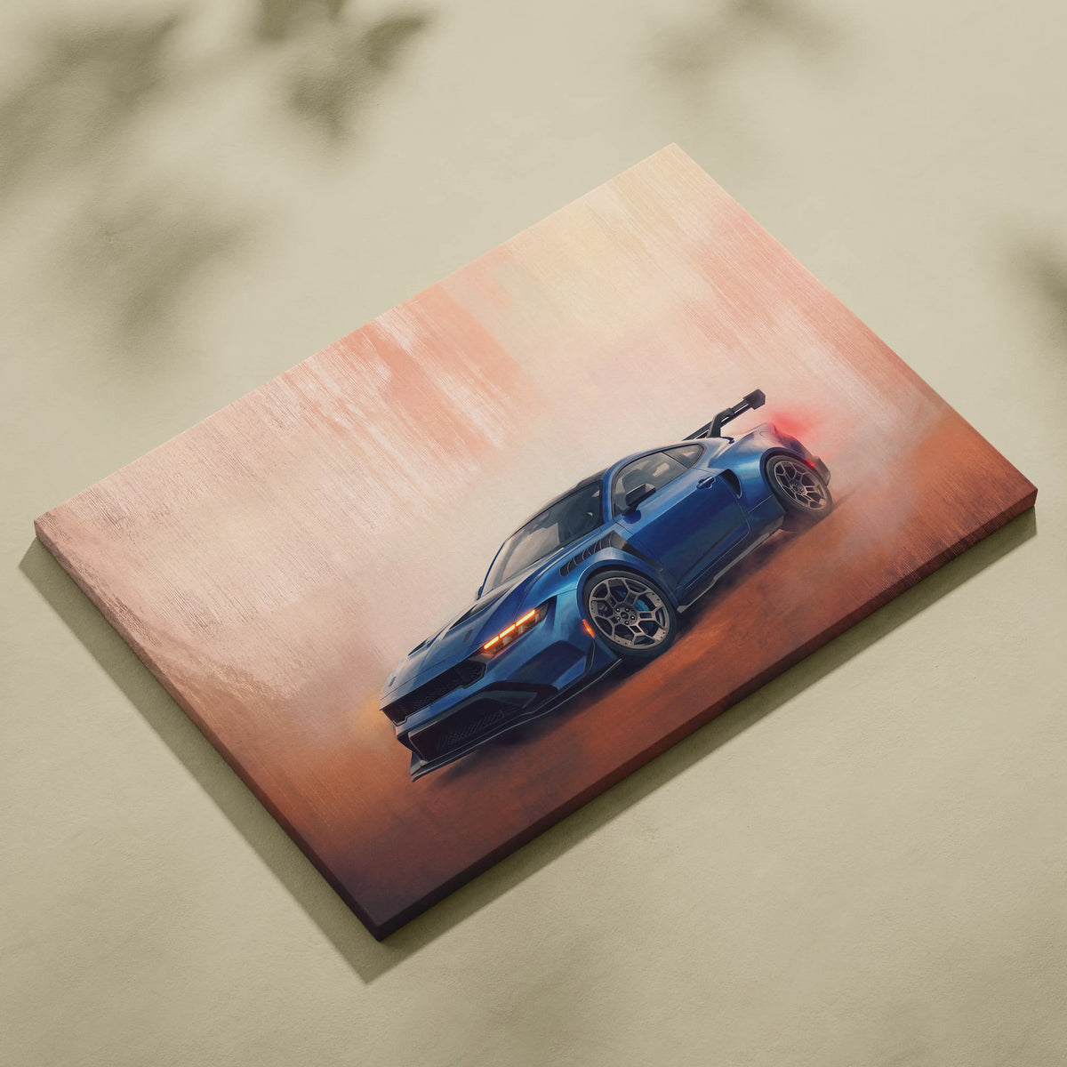 Blue sports car canvas print featuring a dynamic drift scene with orange and pink gradient background for living room wall art