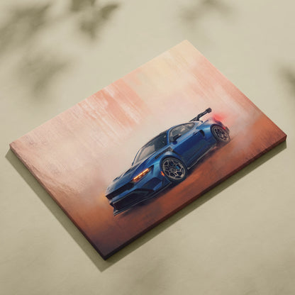 Blue sports car canvas print featuring a dynamic drift scene with orange and pink gradient background for living room wall art