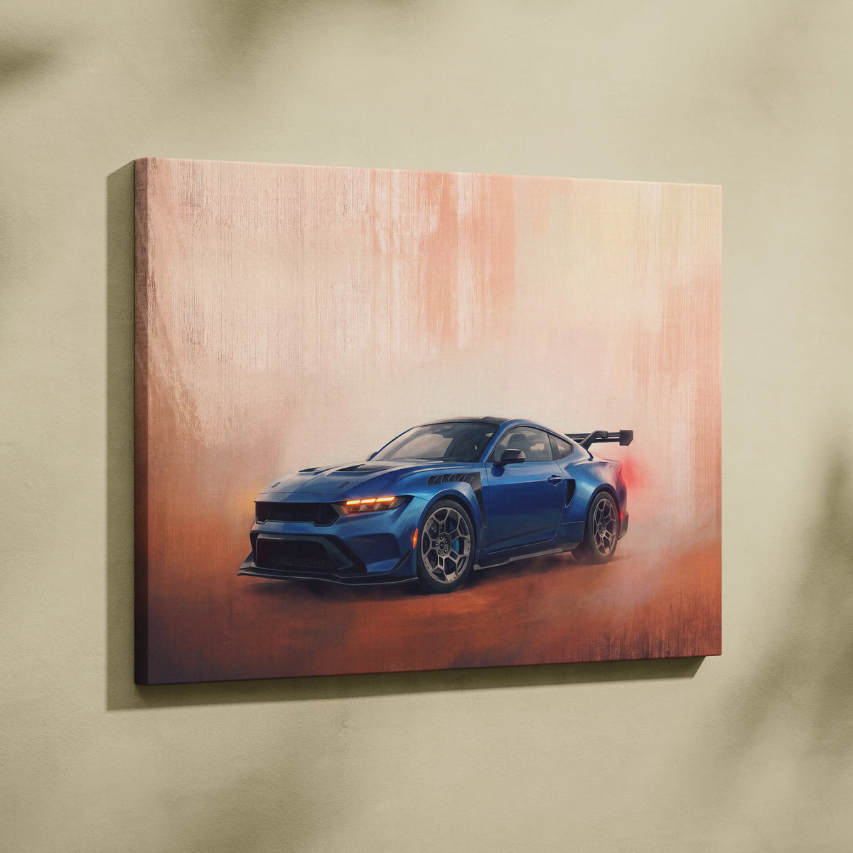 Blue dodge charger srt hellcat canvas art with dynamic performance car on abstract orange beige background for living room wall decor