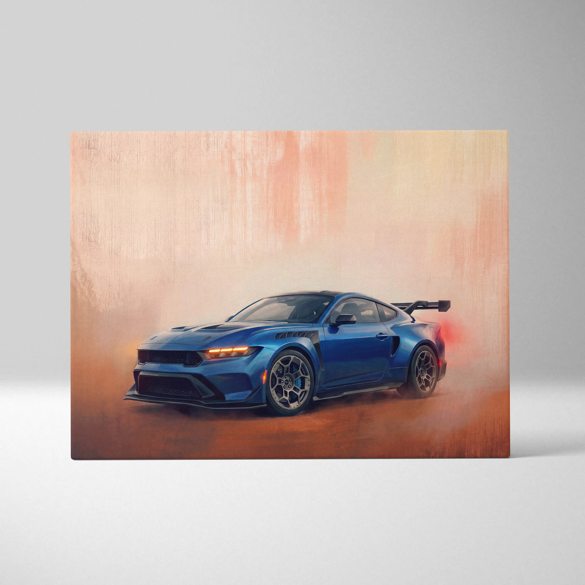 Vibrant blue ford mustang gt canvas print with glowing headlights and rear spoiler for living room wall art