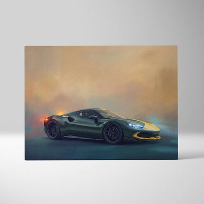 Sleek dark green and yellow Ferrari SF90 Stradale inspired supercar canvas art with black rims on smoky backdrop