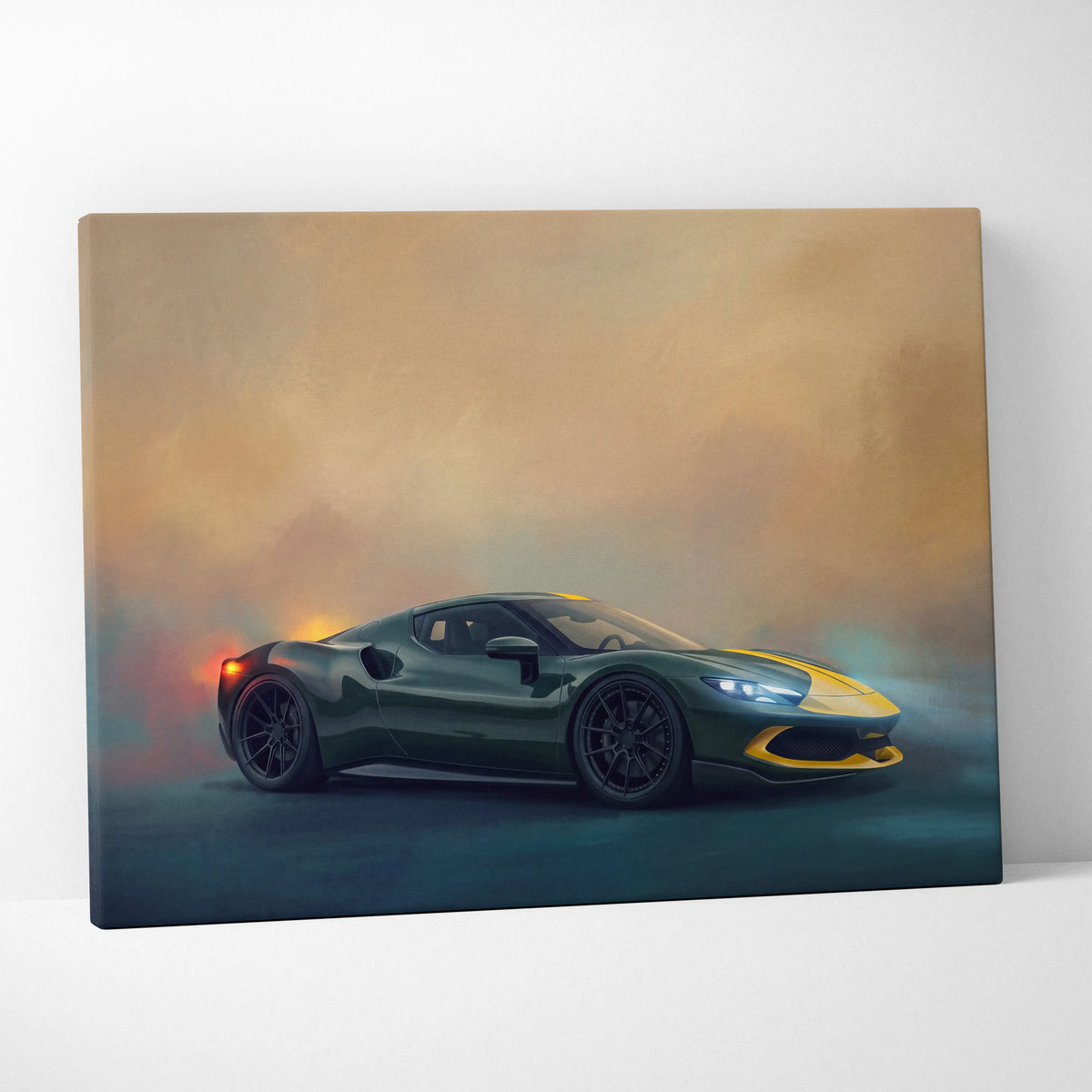 Ferrari sf90 stradale inspired supercar canvas art featuring green and yellow sports car painting for wall decor